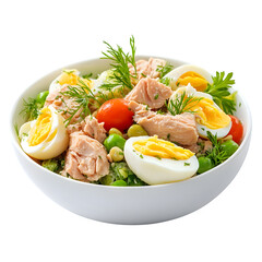 Tuna salad with boiled eggs, isolated on white background