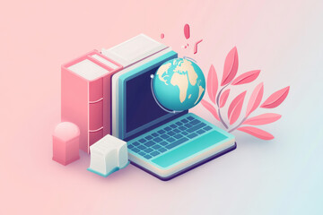 Global Education: Online Learning with Books and Laptop