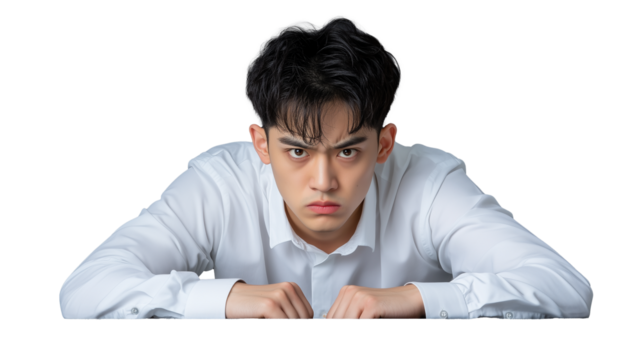 Young Man in White Shirt with Intense Expression