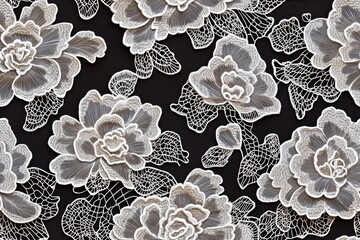Seamless detailed Artichoke lace pattern featuring intricate white flowers on a black background. The design showcases delicate floral motifs intertwined with lace elements.