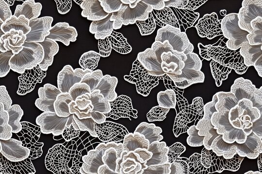 Seamless detailed Artichoke lace pattern featuring intricate white flowers on a black background. The design showcases delicate floral motifs intertwined with lace elements.