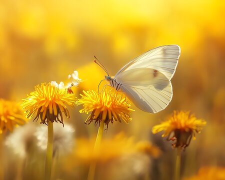 Fototapeta Butterfly on Dandelions, Sunny Meadow