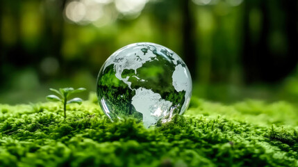 Crystal globe glass on green moss in forest to protect nature Save and care World for sustainable