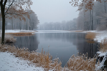 Snow-covered lake in a peaceful winter park setting