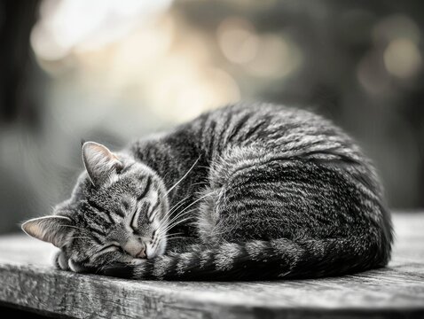 A grey tabby cat peacefully sleeps curled up on a wooden surface, outdoors.