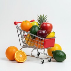 A miniature shopping cart filled with an assortment of fresh and colorful fruits