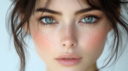 Obraz premium Close-up portrait of a young woman with freckles and captivating eyes