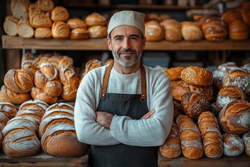 Cheerful Baker in Apron Surrounded by Freshly Baked Bread in Rustic Store
