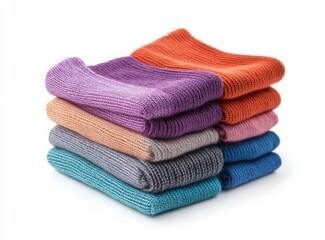 Stack of Colorful Knit Cloths Soft Textiles on White Background