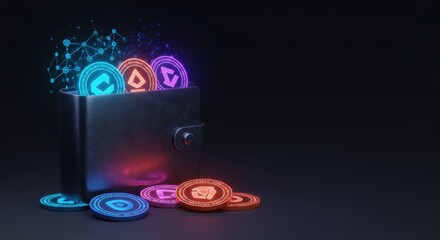 Cryptocurrency Wallet: Neon Glow Digital Coins in Leather Wallet