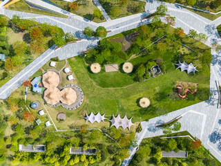 Aerial detail of festival site with toilets, picknick and restaurant area