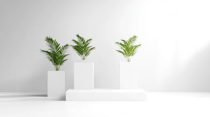 Fototapeta premium Three Palm Plants in White Cubes Minimalist Style High-Resolution Soft Lighting Centered Composition Geometric Shapes Displaying Growth White Studio Backdrop Clean Green Palette Website Banner