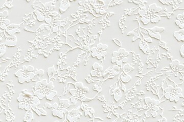 Seamless intricate white floral Cotton lace pattern on a light background, showcasing delicate flowers and leaves in a textured design.