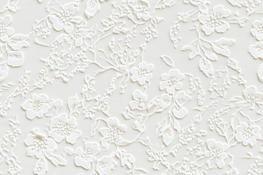Seamless intricate white floral Cotton lace pattern on a light background, showcasing delicate flowers and leaves in a textured design.