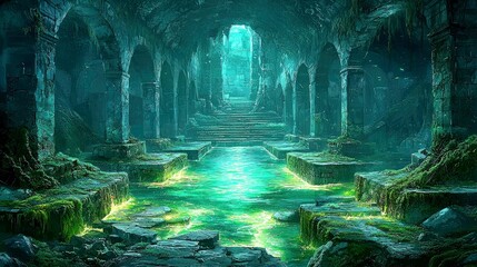 Enigmatic Green Ruins: An Ancient Temple Submerged in a Mystic, Mossy Water, Beckoning Exploration and Adventure