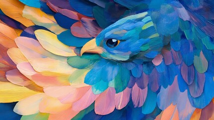 Fototapeta premium Colorful bird detail. Feathers painted in yellow, pink, orange, blues, and purples, focused on face and feathers