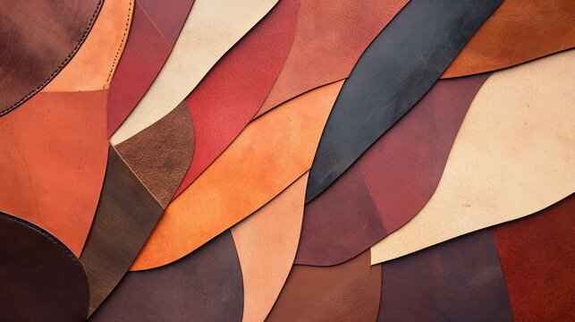 Colorful leather pieces arranged in a flowing, layered pattern. Textural and warm