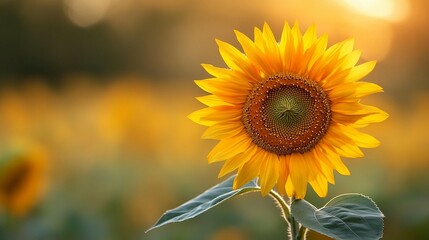Fototapeta premium Vibrant sunflower in a field at sunset.