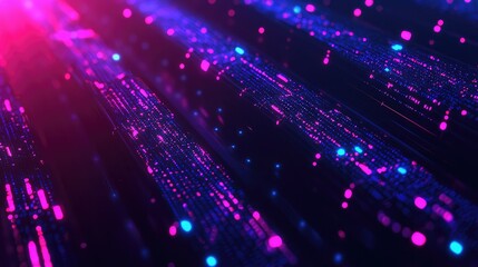 A vibrant digital abstract image featuring glowing lines and dots in shades of blue and pink, creating a futuristic, energetic atmosphere.