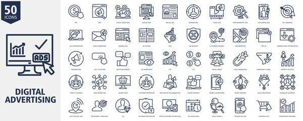 Digital Advertising Icon Set Outline Style with PPC, SEM, Social Media Ads, Display Ads, Native Ads, Retargeting, Video Ads, Programmatic Ads, Influencer Ads and Ad Campaign
