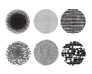 Set of six black spheres with different textures. transparent background.