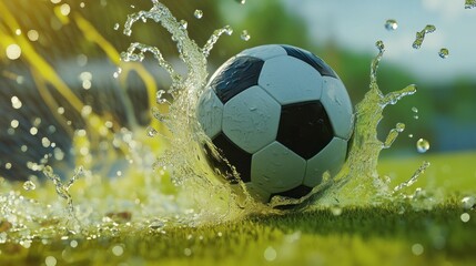 Naklejka premium Soccer ball splashing in water on grass