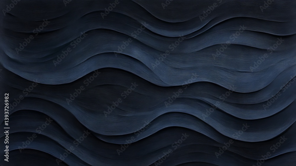 Wall mural dark blue undulating waves cascade, creating textured, sculptural forms in rhythmic patterns