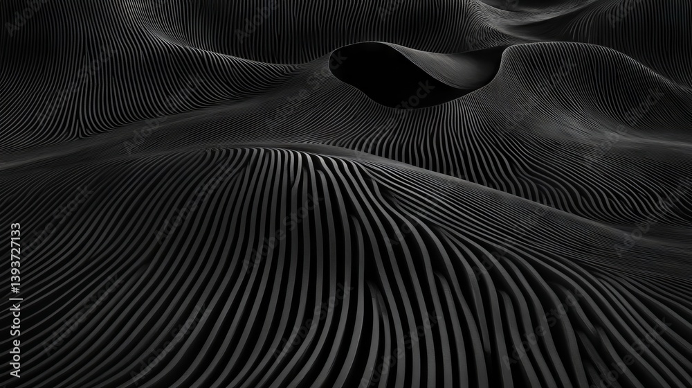 Poster dark, flowing landscape formed by thin parallel lines creating a textured, abstract terrain