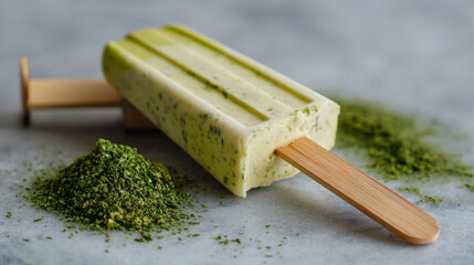 Matcha popsicle reveals green tea flavor, enchanting taste buds with delightful, refreshing, and vibrant twist