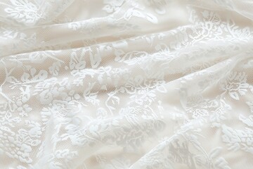 Obraz premium Seamless delicate white French lace fabric with floral patterns, showcasing intricate details and textures. The fabric appears soft and elegant, ideal for fashion or textile design.