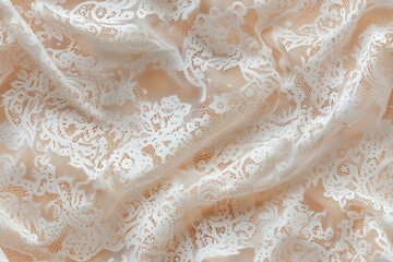 Close-up of delicate white Fresco lace fabric with intricate floral patterns on a soft beige background.