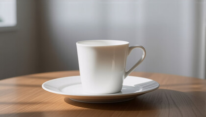 Obraz premium A white ceramic cup and saucer sit centered on a round wooden table. Bright sunlight streams in from a window, casting soft shadows and illuminating the simple, clean scene.