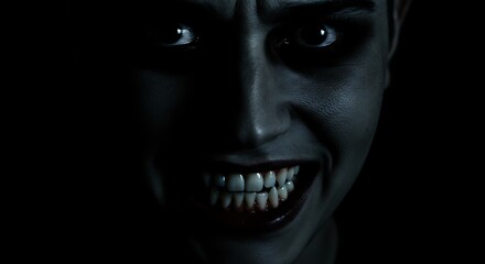 Creepy Smiling Man with Sharp Teeth in Dark Lighting for Halloween