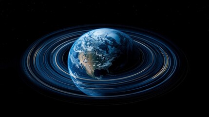Earth Surrounded by Orbiting Rings in a Cosmic Space Background