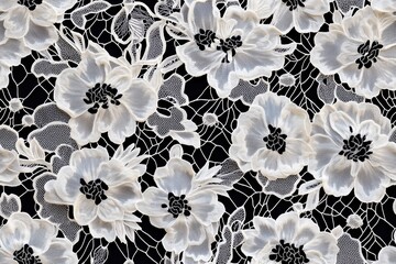 Seamless intricate Guipure lace fabric featuring large white flowers on a black background. The floral patterns are detailed, showcasing delicate stitching and textures.