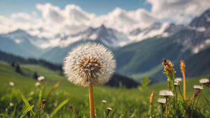 Alpine meadow, showcasing a single dandelion in sharp focus, with the peaks of the mountains softly blurred in the background.
