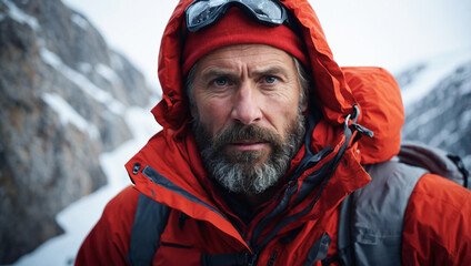 
Focused gaze of a seasoned mountaineer against a backdrop of snowy peaks.A climber in a vibrant red waterproof jacket, prepared for a challenging ascent.
