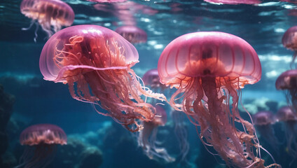 Jellyfish, vibrant pink against a deep blue backdrop, create a mesmerizing underwater scene.Close-up of jellyfish, highlighting their translucent bodies and long, flowing tentacles.