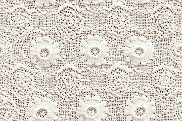 Seamless intricate white Irish lace fabric with floral patterns.