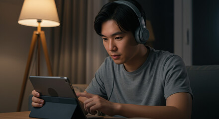 Young man focused on tablet while wearing headphones at home  