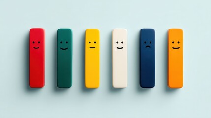 A series of colorful emotion indicators displayed horizontally, showcasing various facial expressions from happy to sad on a light blue background.
