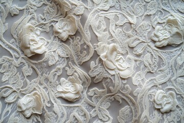 Intricate Jacquard lace fabric featuring floral patterns and embroidered roses in cream color.