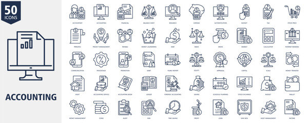 Accounting Icon Set Outline Style with accountant, accounting, financial, balance sheet, research, expense, authentication, budget, tax and stock price
