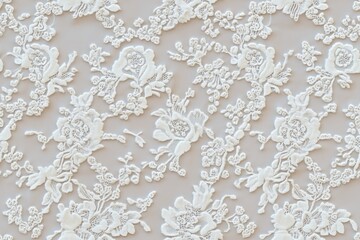 Seamless intricate white Lourdes lace fabric featuring floral patterns and delicate embroidery. The lace has a soft, elegant appearance, suitable for bridal wear or formal attire.