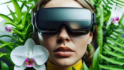Immersive technology blends with nature as a person wears a futuristic headset surrounded by vibrant plants and flowers, suggesting virtual or augmented reality experiences