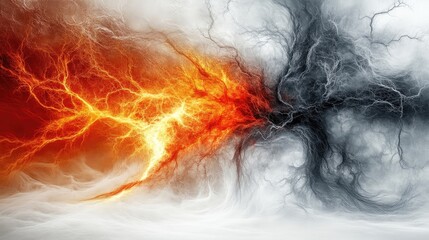 Fiery and shadowy forces clashing in a dynamic abstract display.  Intense energy and contrasting elements intermingle