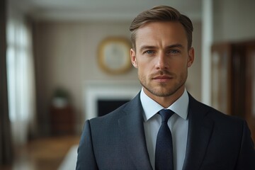 Fototapeta premium Confident man in suit, serious expression, elegant interior background