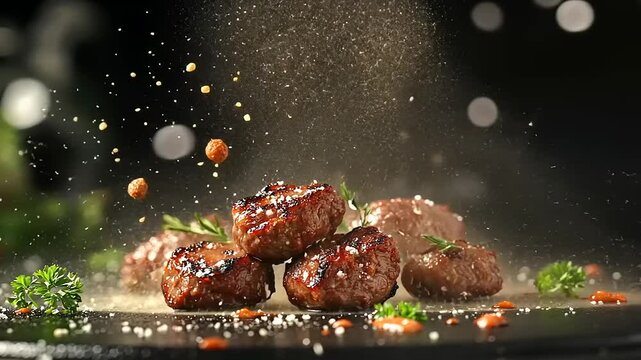 Juicy meatballs garnished with herbs and spices, sprinkled with seasoning, on a dark table
