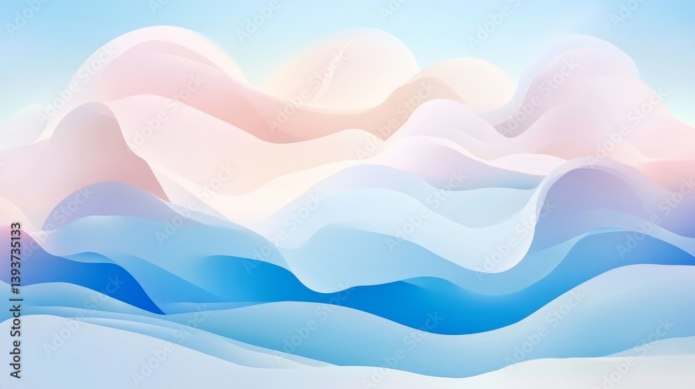 Wall mural gradient waves cascade in cool blues and soft peach hues in layered abstract