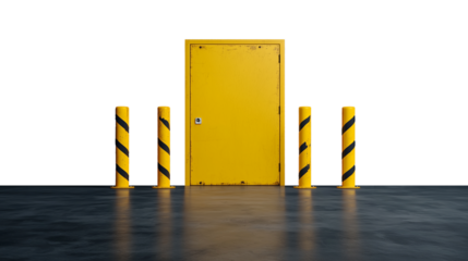 Yellow door with safety bollards on transparent background